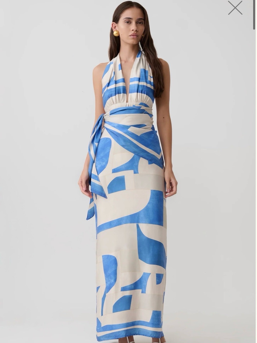 Meshki Gianna Blue White Print Halter Dress Small
